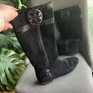 Tory Burch suede black knee high riding boots with snakeskin, good condition!